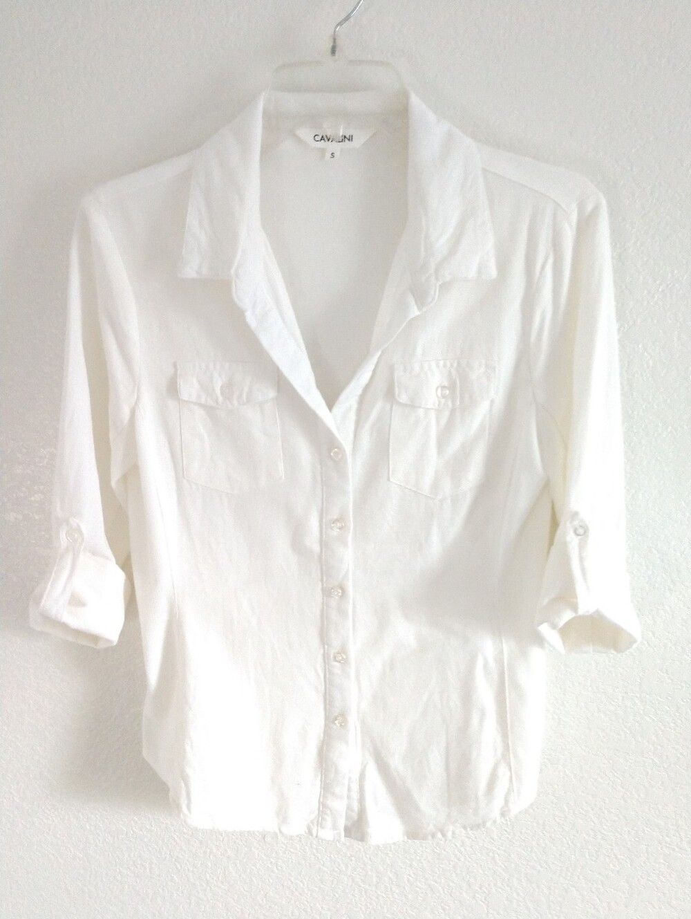 Cavalini White Shirt Top 3/4 Tab Sleeves Coastal Summer Size Small Chest 32"